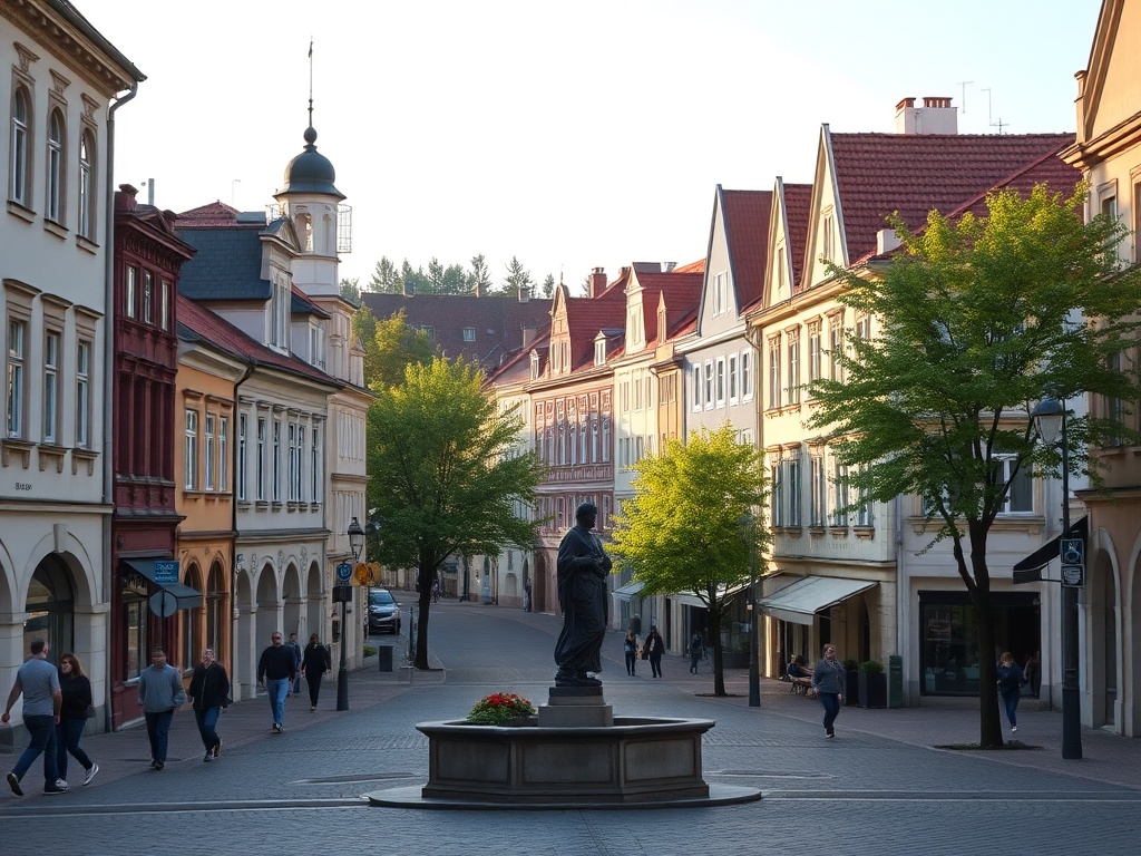 Ilustracja przedstawiająca młodzież podczas wymiany zagranicznej oraz gospodynie pracujące w kuchni, symbolizujące rozwój i bezpieczeństwo w Gorlicach.
